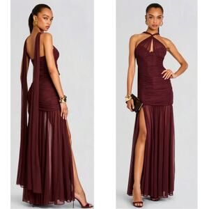 RETROFETE Maisie Ruched Draped Halterneck Maxi in Port Red Size XXL